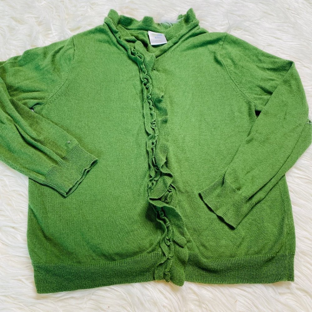 Crewcuts Kid's Ruffle Button Front Long Sleeve Cardigan Sweater Green Size L 6-7